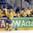 MINSK, BELARUS - MAY 15: Sweden's Joel Lundqvist #20 celebrates with the bench after scoring Team Sweden's first goal of the game during preliminary round action at the 2014 IIHF Ice Hockey World Championship. (Photo by Richard Wolowicz/HHOF-IIHF Images)

